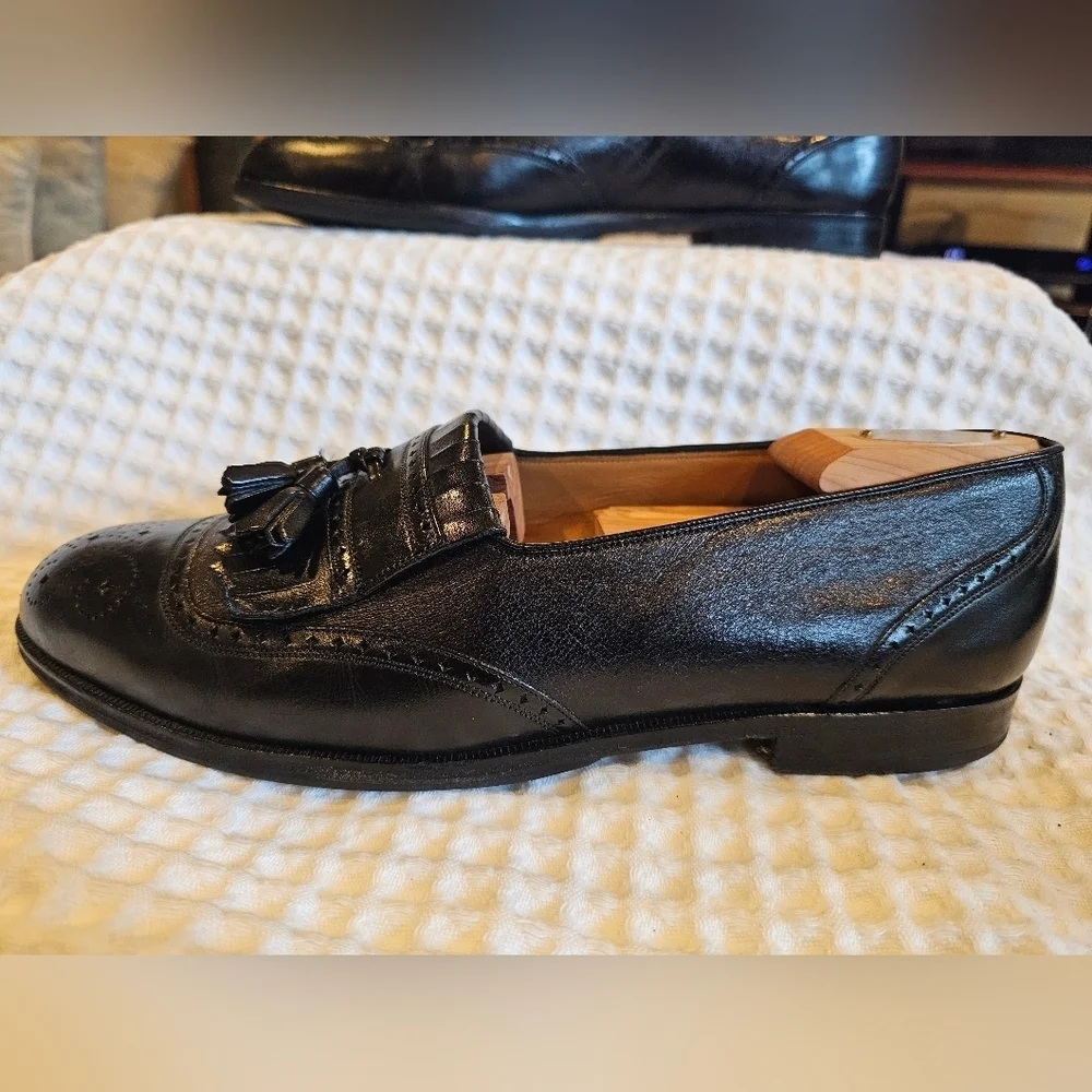 Mezlan Vintage Black Leather Tassel Jordan Wingtip Loafers Size 9.5